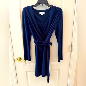Jessica Simpson knit jersey navy faux wrap midi dress with belt. Size 4 EUC